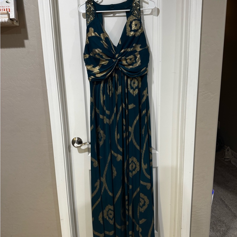 Elegant Teal Dress with Gold Patterns